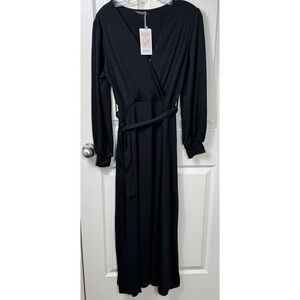 NWT Chic Style Faux Wrap Maxi Long Sleeve Witchy Dress Elegant Belted Black Sz S